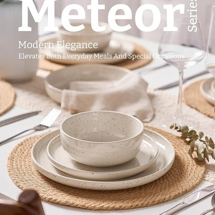 Famiware Meteor Plates and Bowls Sets, 24-Piece Stoneware Dinnerware Sets, Dishes Set for 8, Microwave and Dishwasher Safe Tableware, Creamy White
