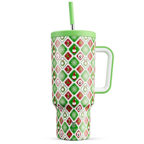 Meoky 40 oz Christmas Tumbler with Handle and Straw, Xmas Tumbler with Lid and Straw, Insulated Stainless Steel Travel Mug, Christmas Gifts for Women Men Adults (Snowy Santa)