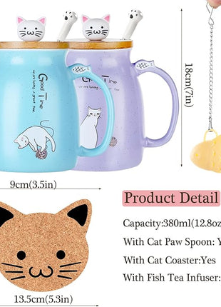 BigNoseDeer 2Pcs Kawaii Tea Cup with Infuser Ceramic Cat Mug Cute Mugs Coffee Mugs Gifts for Cat Lovers Cute Cool Preppy Stuff Mother's Day Gifts for Women 13oz