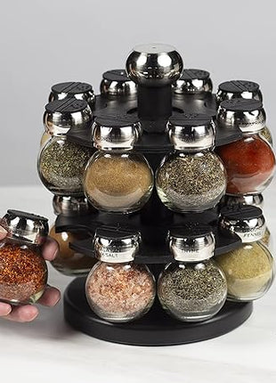Olde Thompson Since 1944 Orbit Rotating Rack, 16 Refillable Spice Jars, Labeled Shaker Tops, 45, Black, Clear