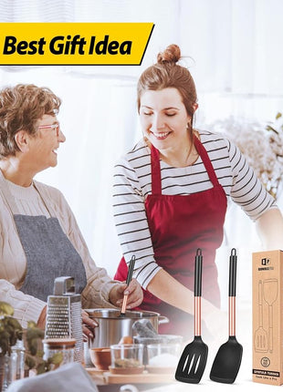 Pack of 2 Silicone Solid Turner, Non Stick Slotted Kitchen Spatulas, High Heat Resistant BPA Free Cooking Utensils, Ideal Cookware for Fish, Eggs, Pancakes(Rose Gold Black)