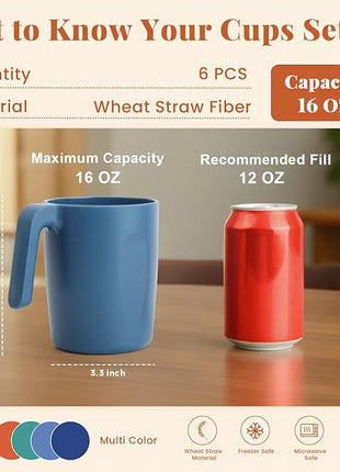 Homienly Wheat Straw Coffee Mugs, Alternative to Plastic Coffee Cups, Set of 6, Unbreakable Camping Coffee Mugs, 16 OZ Cups for Tea, Coffee, Milk, Dishwasher and Microwave Safe Kids Mug, Multi