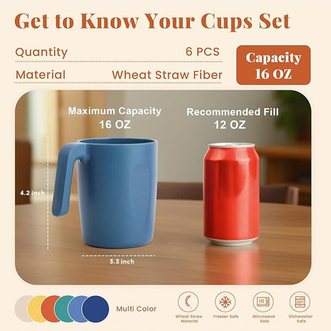 Homienly Wheat Straw Coffee Mugs, Alternative to Plastic Coffee Cups, Set of 6, Unbreakable Camping Coffee Mugs, 16 OZ Cups for Tea, Coffee, Milk, Dishwasher and Microwave Safe Kids Mug, Multi
