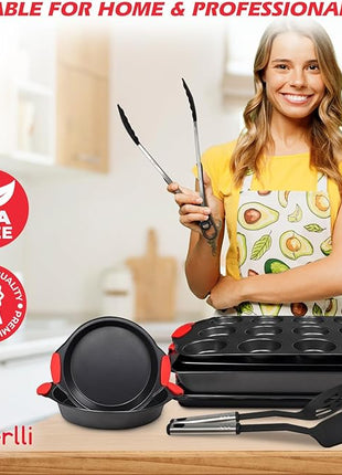 PERLLI Non-Stick 17-Piece Baking Pan Set, BPA-Free Carbon Steel Bakeware Set with Silicone Handles, Stackable Kitchen Oven Set, Cookie Sheet, Baking Tray, Baking Sheet Set, Utensils, Oven Safe (446°F)