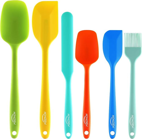 6PCS Silicone Spatulas, MONGSEW Food Grade Heat Resistant Rubber Spatula Set, Kitchen Spatulas for Baking, Cooking and Mixing, BPA-Free, Dishwasher Safe (Set of 6, Multi Colors)