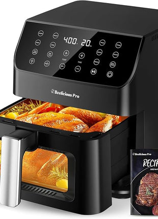 Beelicious 5.8QT Large Air Fryer, 12-in-1 Digital Airfryer with Clear Window, 40+ Recipes, Flavor-Lock Tech, Shake Reminder, Compact, Quiet, Dishwasher Safe, Nonstick (Black)