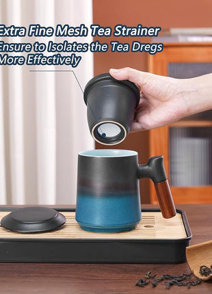 ZENS Gradient Blue Tea Cup with Infuser and Lid, 14.5oz Wood Handle Tea Mug, Loose Leaf Tea Steeper & Strainer, Tea Lovers Gifts