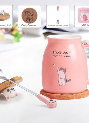Cute Cat Cup Ceramic Coffee Mug with Kawaii Cat Wooden Lid, Lovely Stainless Steel Spoon, Anime Kitty Thicken Wooden Coaster, Christmas Birthday Cute Thing Japanese Mug 16oz (Pink)