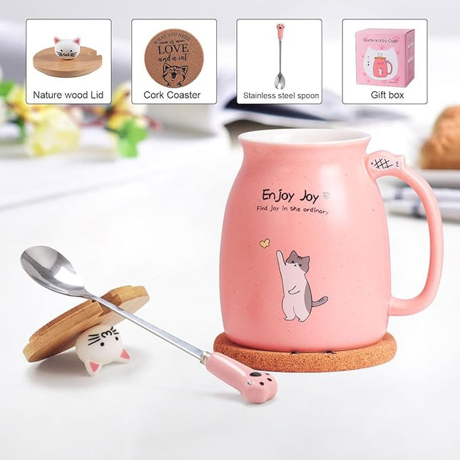 Cute Cat Cup Ceramic Coffee Mug with Kawaii Cat Wooden Lid, Lovely Stainless Steel Spoon, Anime Kitty Thicken Wooden Coaster, Christmas Birthday Cute Thing Japanese Mug 16oz (Pink)