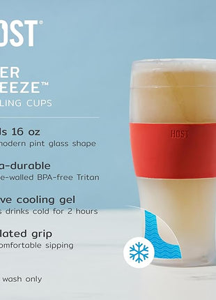 HOST FREEZE Beer Glasses, Frozen Brew Mugs, Freezable Pint Glass Set, Insulated Beer Glass to Keep Your Drinks Cold, Double Walled Insulated Glasses, Gift for Dad, 16oz, Set of 2, Crimson Red