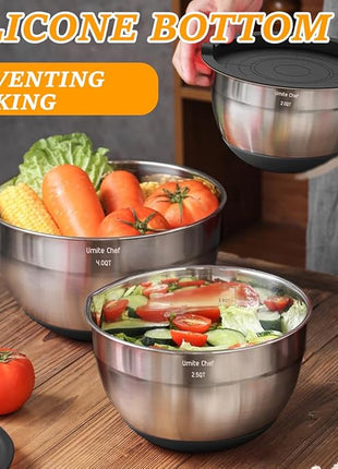 Umite Chef Mixing Bowls with Airtight Lids, 26Pcs Stainless Steel Bowls Set, 3 Grater Attachments & Black Non-Slip Bottoms Size 7, 4, 2.5, 2.0,1.5, 1QT, Great for Mixing & Serving