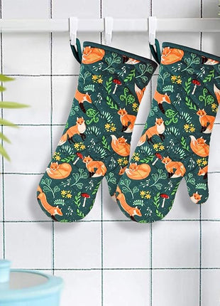 Oven Mitts Cotton Fashion Cute Fox Design 1 pair Heat Resistant Oven Gloves Safe Cooking Baking Grilling Barbecue Machine Washable (fox, oven mitts)