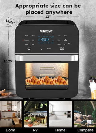 Nuwave Brio Air Fryer Oven, 15.5Qt X-Large Family Size, SS Rotisserie Basket &Skewer-Kit, Reversible Ultra Non-Stick Grill/Griddle Plate, Powerful 1800W, Integrated Smart Thermometer,Black