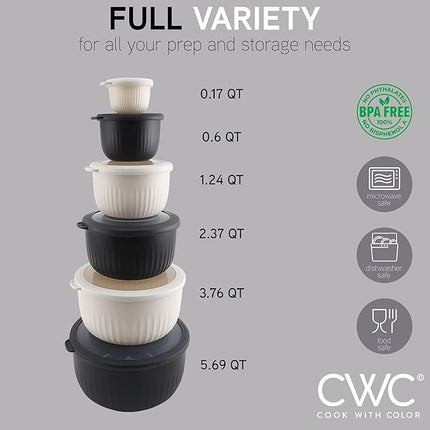 COOK WITH COLOR Prep Bowls with Lids- Wide and Deep Nesting Plastic Small Mixing Bowl Set with Lids, 12 Piece Set - Deep Bowls, Speckled Black