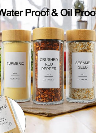 AISIPRIN Glass Spice Jars with 398 Labels-4oz 24 Pcs,Round Seasoning Jars with Bamboo Airtight Lids,Spice Container Set -Shaker Lids, Funnel,Brush and Marker Included