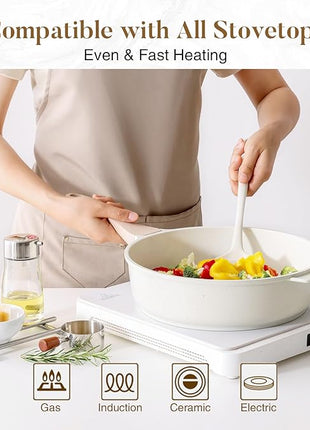 Kordisen Nonstick Ceramic Deep Frying Pan, 12 Inch Non Toxic Large Skillet with Lid, 5 Qt Healthy Jumbo Cooker, Saute Pan for Cooking, Induction Cookware, PFOA & PFAS Free (Cream)