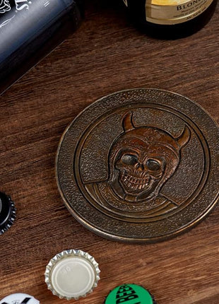 Stainless Steel Viking Skull Mug+Coaster,Double Handle Horn Skull Beer Mug Tankard, Medieval Drinkware Mug for Coffee/Beverage/Juice17oz.