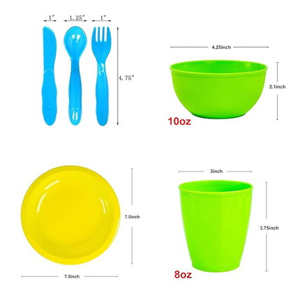 Youngever 54 Pcs Plastic Kids Dinnerware Set of 9 in Assorted Colors, Toddler Dining Set, Cups, Plates, Bowls, Flatware Set, Dishes