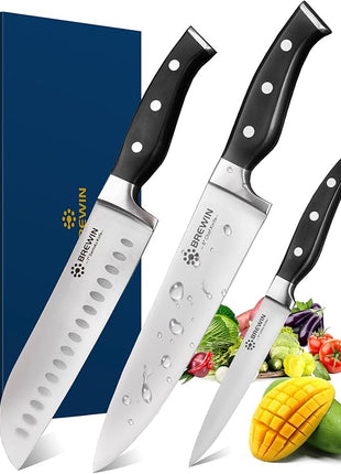 Brewin Professional Kitchen Knives, 3PC Chef Knife Set Sharp Knives for Kitchen High Carbon Stainless Steel, Japanese Cooking Knife with Gift Box