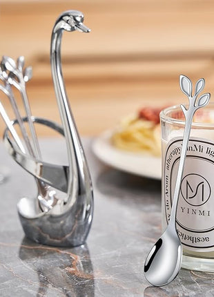 AnSaw Silver Small Coffee Spoon Holder Set,Swan Base With 10 Pcs Demitasse Espresso Spoons Set,4.7" Mini Leaf Dessert Spoon,Stainless Steel Tea Spoons