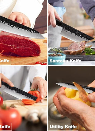 FINDKING Chefs Knives Set and Edge Guards, High Carbon Steel Kitchen Knives, Walnut Knife Holders, for Home Kitchen, Meat, Fruits, Vegetables, Dynasty Series, 8PCS