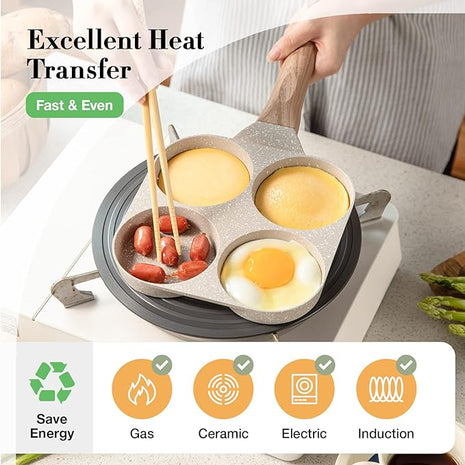 CAROTE Egg Pan Omelette Pan, 4-Cup Nonstick Granite Omelette Skillet - Pancake Pan and Healthy Egg Cooker Suitable for Gas Stove & Induction Cookware