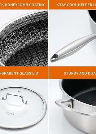 DELARLO Tri-Ply Stainless Steel 12 Inch Deep Frying Pan with lid,7QT Saute Pan Nonstick,Compatible with All Cooktops,Oven Up to 660℉,Chicken Fryer,Dishwasher-Friendly