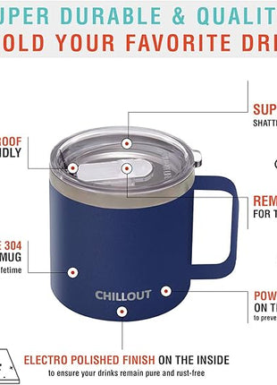 CHILLOUT LIFE Stainless Steel 16 oz Vacuum Insulated Coffee Mug with Handle and Lid, Large Thermal Camping Coffee Mug Cup with Durable Sliding Top for Men & Women - Keeps Beverages Hot/Cold