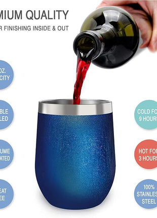 CHILLOUT LIFE 12 oz Stainless Steel Wine Tumblers 4 Pack - Double Wall Vacuum Insulated Wine Glasses Cups with Lids and Straws Set Keeping Cold & Hot for Coffee, Beer, Ice Cream - Blue Sparkle