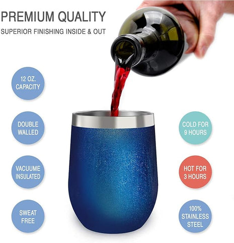 CHILLOUT LIFE 12 oz Stainless Steel Wine Tumblers 4 Pack - Double Wall Vacuum Insulated Wine Glasses Cups with Lids and Straws Set Keeping Cold & Hot for Coffee, Beer, Ice Cream - Blue Sparkle