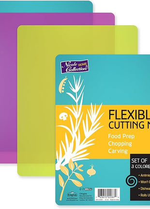 Nicole Home Collection Flexible Cutting Mats Set of 3 - BPA-Free Plastic Color-Coded Kitchen Chopping Boards, 12"x15", Durable Non-Slip Mats for Meat, Veggies, Fruits