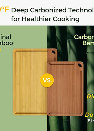 Butcher Block 2-Pcs Carbonized Bamboo Cutting Board Set With Juice Groove For Meal Prep & Cheese Serving - Ideal Kitchen Gift Set of 2 (M+L)