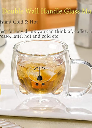 Bear Cute Mugs Kawaii Double Wall Glass Coffee Tea Mill Yogurt Cup Funny Novelty Gift for Women Her Friends Office Birthday Christmas (Bear with handle)