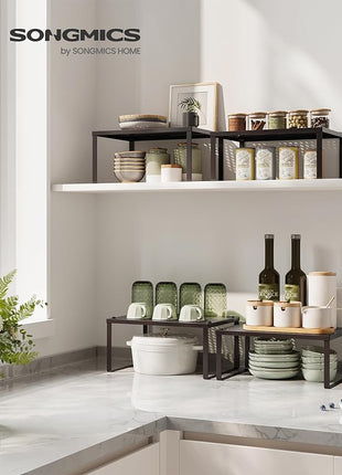 SONGMICS Spice Racks, Set of 2 Metal Cabinet Shelf Organizers, Countertop Organizers, Shelf Risers, Stackable, Expandable, Brown UKCS01BR