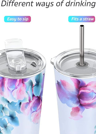 THILY Stainless Steel Vacuum Insulated Tumbler Travel Mug 26 oz Coffee Cup with 2 Lids and Straws, Splash Proof, Keep Ice Drinks Cold, Pink Lilies