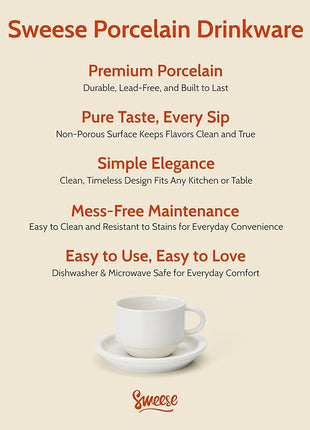 Sweese 2.5 Ounce Porcelain Stackable Espresso Cups with Saucers and Metal Stand Set of 4, White