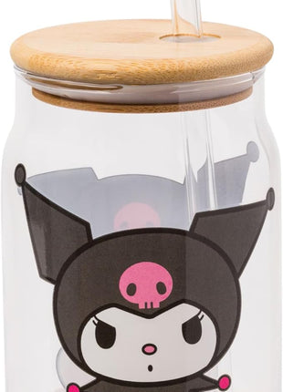 Silver Buffalo Sanrio Hello Kitty and Friends Kuromi 2 Pack Glass Jar Tumbler with Bamboo Lid and Glass Straw, 16 Ounces