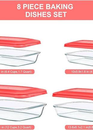 KOMUEE 8 Pieces Glass Baking Dish with Lids Rectangular Glass Baking Pan Bakeware Set with BPA Free Lids, Baking Pans for Lasagna, Leftovers, Cooking, Kitchen, Fridge-to-Oven, Red