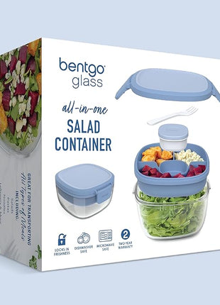 Bentgo Glass All-in-One Salad Container - Large 61-oz Salad Bowl with Lid, 4-Compartment Bento-Style Tray, 3-oz Sauce Container, and Reusable Fork - Dishwasher, Microwave, and Oven Safe (Light Blue)