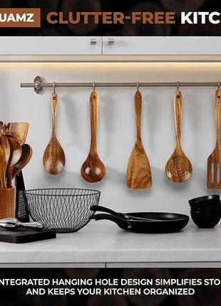 SPATUAMZ Teak Wood Spoons for Cooking, Natural Wooden Utensil Set of 10, Durable Heat Resistant Kitchen Cooking Utensils for Non-Stick Cookware