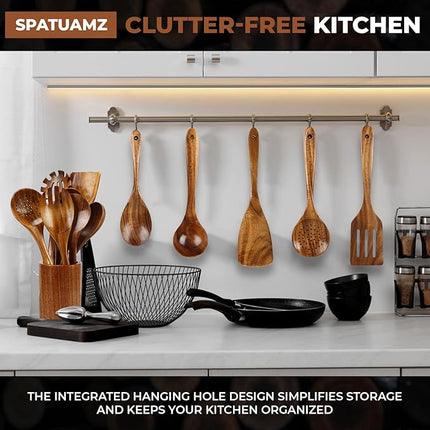 SPATUAMZ Teak Wood Spoons for Cooking, Natural Wooden Utensil Set of 10, Durable Heat Resistant Kitchen Cooking Utensils for Non-Stick Cookware