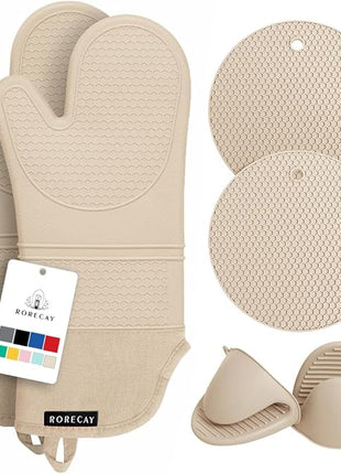 Rorecay Oven Mitts and Pot Holders Sets 6pcs, Extra Long Kitchen Silicone Oven Gloves High Heat Resistant 500 Degrees Non-Slip Potholders Hot Pads for Baking Cooking, Milkshake