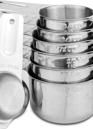 Set of 7 Heavy Duty Measuring Cups, 18/8 Stainless Steel with Ring Connector, Silver