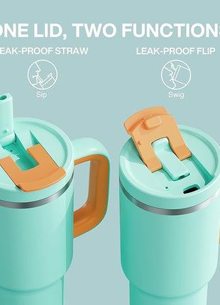 40 oz Tumbler with Handle and Straw: Stainless Steel Insulated Tumbler Keeps Cold for 24 Hours, Leakproof Travel Cup Fits in Cup Holder and BPA-Free,Soft Cyan