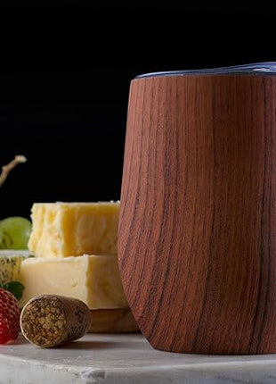 CHILLOUT LIFE 12 oz Stainless Steel Wine Tumbler with Lid - Double Wall Vacuum Insulated Wine Cup Glass Keeping Cold & Hot for Coffee, Champagne, Cocktails, Ice Cream - Wood