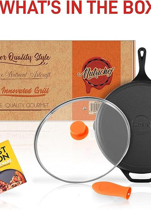 NutriChef 12-Inch Cast Iron Skillet w/Lid - Pre-Seasoned, Oven Safe, Nonstick, Cool-Touch Silicone Handle, For All Cooktops - NCCI12
