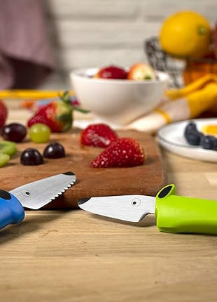 Kuhn Rikon Kinderkitchen® Kids Chef Knife Set With Scissors, 3 Pieces, Green/Blue/White| Cutting Tools Made for Real Cooking | Child Friendly Animal Designs With Hand Guard & Snipper Cover For Safety