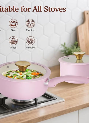 Pots and Pans Set Non Stick, Pink Ceramic Cookware Set, 11-Piece Induction Cookware, Non Toxic Healthy Kitchen Cooking Set, Gold Knobs Lids, Stay-Cool Handles