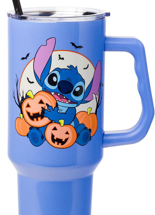 Silver Buffalo Disney Lilo and Stitch Halloween Spooky Pumpkin Jack-O-Lantern Stainless Steel Tumbler with Handle and Straw, Fits in Standard Cup Holder, 40 Ounces