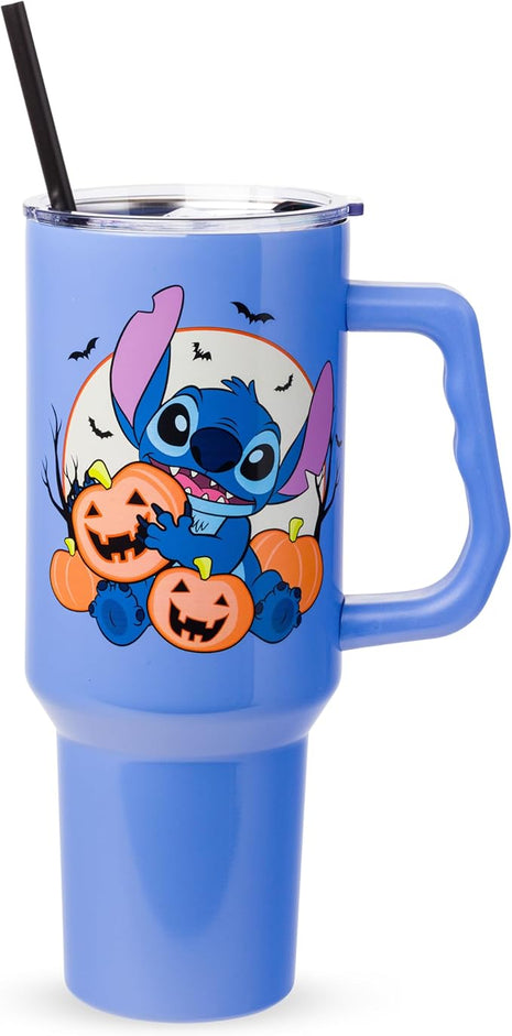 Silver Buffalo Disney Lilo and Stitch Halloween Spooky Pumpkin Jack-O-Lantern Stainless Steel Tumbler with Handle and Straw, Fits in Standard Cup Holder, 40 Ounces